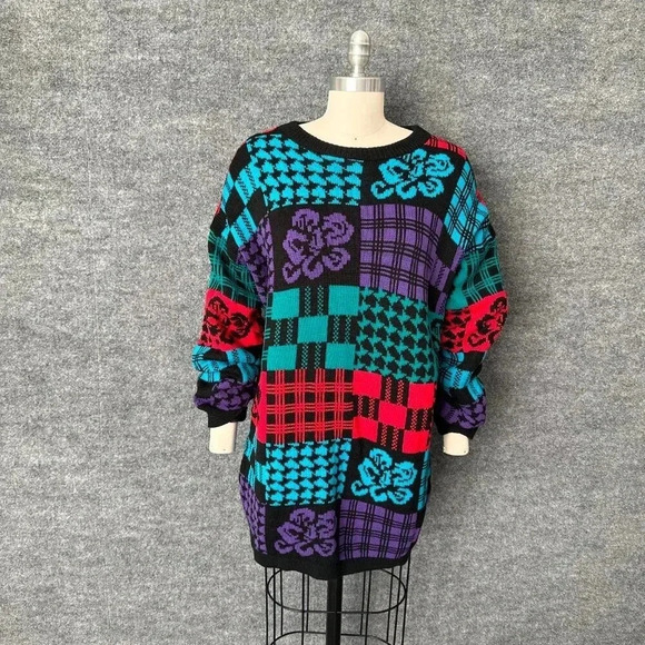 Unknown Sweaters - Vintage 80s Patchwork Sweater Womens M/L Colorful Relaxed Long Knit Pullover Top